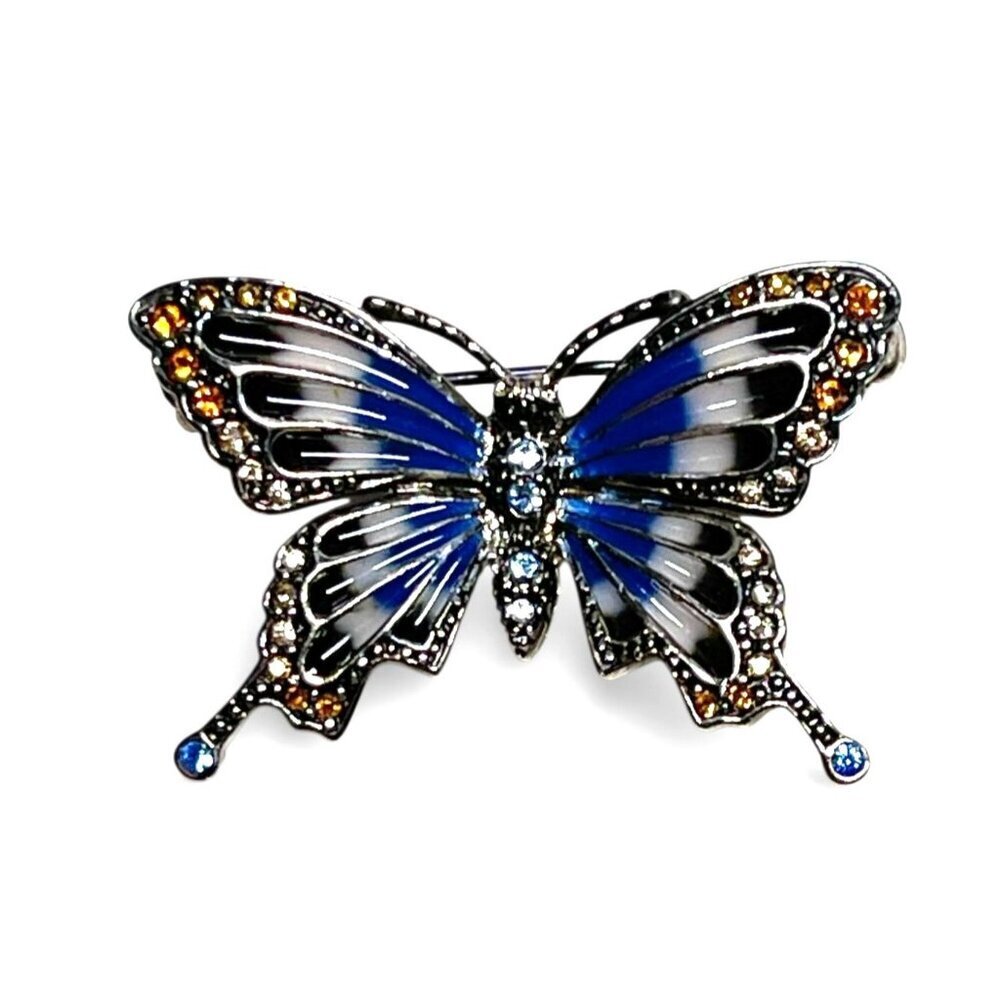 Vintage Monet Blue Enamel Butterfly Brooch Rhinestone Signed Silver Tone 1990s